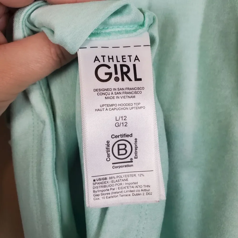 Athleta Girl Wintergreen Mint Uptempo Hooded Top Size large/12 In good conditi